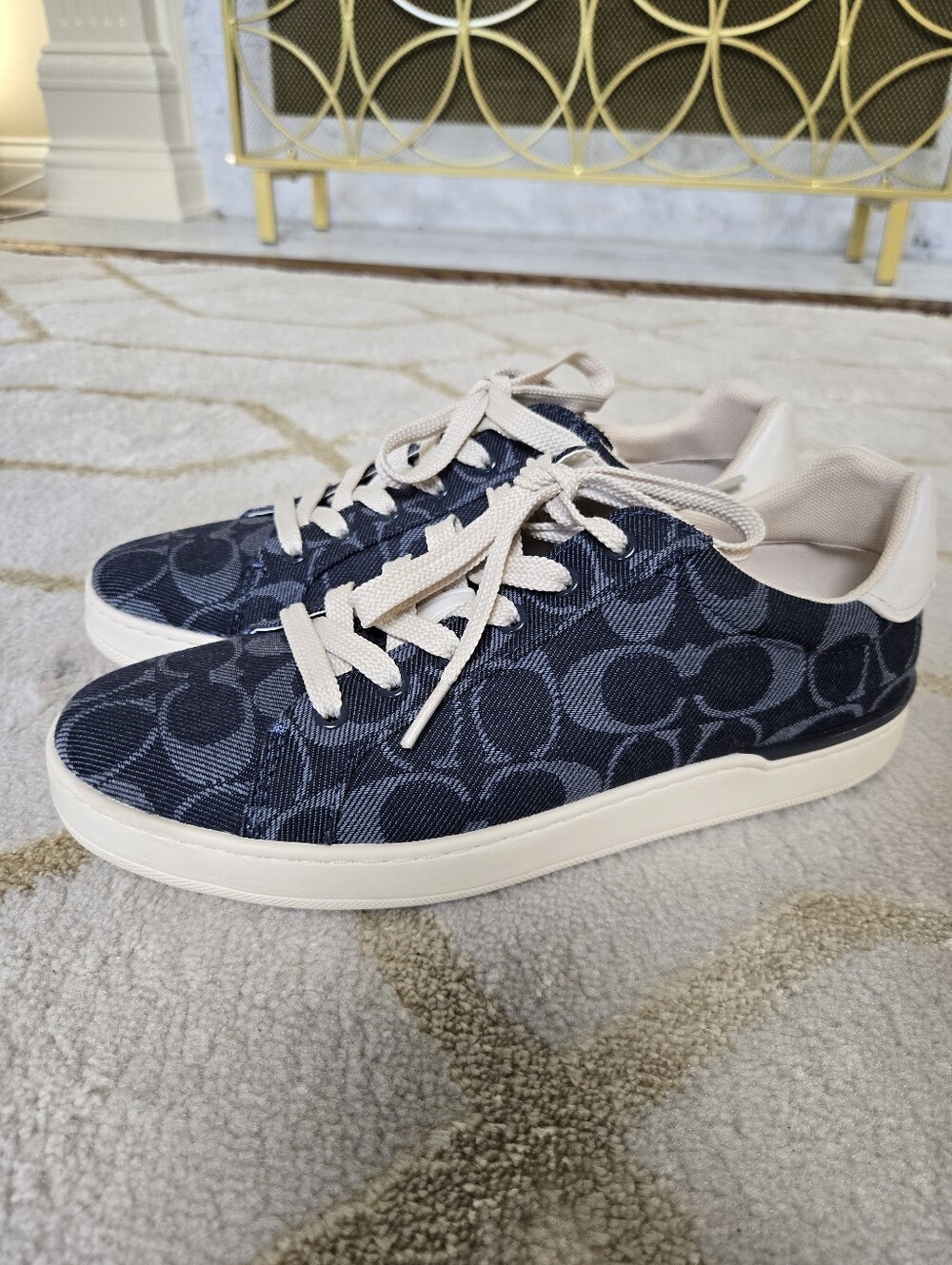 Coach Clip Low Top Navy Denim Signature Logo Sneakers with Cream Accents